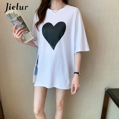Jielur Love Pattern Split T-shirts Women 2021 Cotton Black White Midi O-neck Top Femme Korean Style Loose Short-sleeved T-shirt