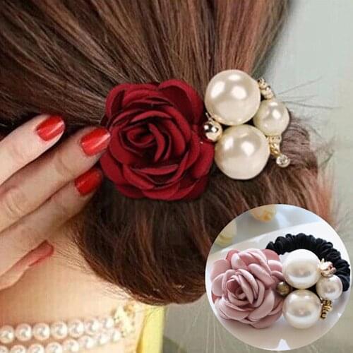 Sweet Big Pearl Rose Flower Hair Rope Scrunchies Women Fashion Rhinestone Elastic Band Headband Headwear