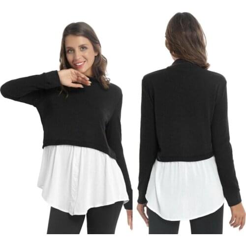 Womens Patchwork Shirt Office Shirt Long Sleeve Hem 2 in 1 Pullover Knitted