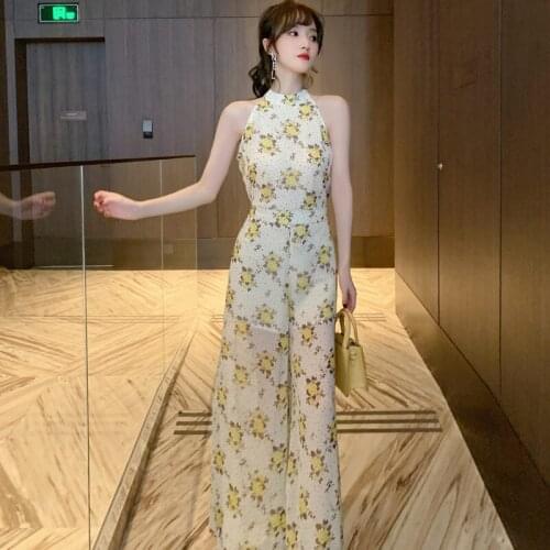 2020 Summer Halter Print Chiffon Bandage Jumpsuit Sexy Elegant High End Women Playsuit Wide Leg Jumpsuits Bodysuit Rompers