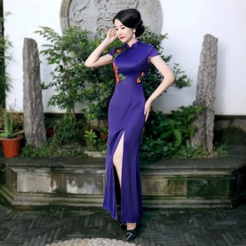 S-7XL Women Violet evening Cheongsam Dresses Elegance Reception Qi Pao Sexy High Slit Lace Hollow Long Cheongsam Chinese Dress