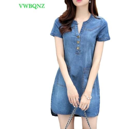 Spring Summer Korean Short sleeve Cowboy Dress Female Loose Plus size Denim Dresses Womens New V collar Jeans Dresses 5XL A498