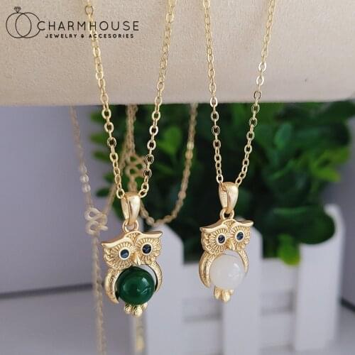 18K Gold GP Charm Necklaces For Women Animal Owl Jade Bead Pendant & Necklace Chain Collier Femme Retro Jewelry Accessories
