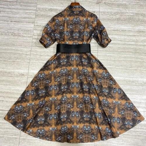 100% Women COTTON Vintage Floral Print With Belt Shirt Summer Elegant High Quality Long Dress