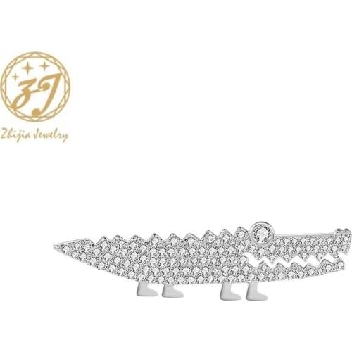 Zhijia Gold Silver Animal Crocodile Pins Brooches For Women Rhinestone Zircon Brooches Jewelry Gifts