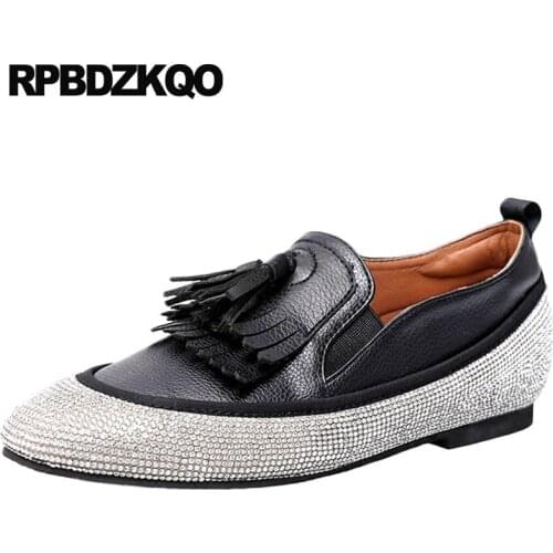 11 beautiful crystal rhinestone wide fit shoes ladies large size diamond round toe flats women 10 sparkling black fringe tassel