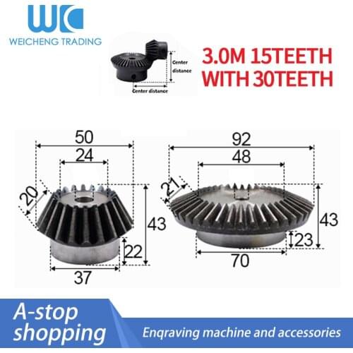 2pcs 1:2 Bevel Gear 3 Modulus 15 Teeth hole 10mm+ 30 teeth Inner Hole 18mm 90 Degree Drive Commutation Steel Gears