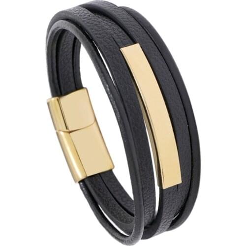 Fashion 5 Layers Black Gold Color Punk Stainless Steel Leather Bracelet Wristbands Magnetic Buttons Simple Bangle Casual Jewelry