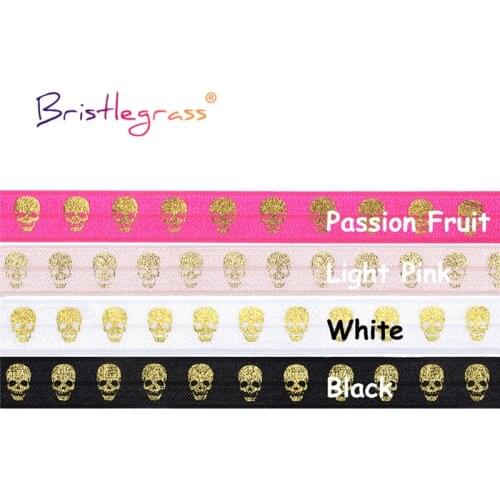 BRISTLEGRASS Combo 4 Yard 5/8" 15mm Gold Skull Foil Print Fold Over Elastics FOE Spandex Band Tape Hair Tie Headband Sewing Trim
