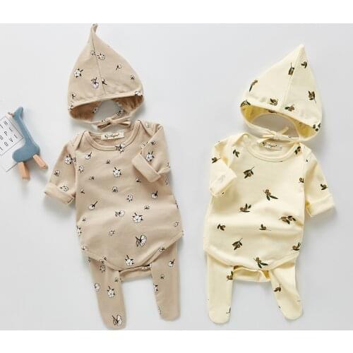 Baby Sleep Set Girls Boys Hat+Floral Print Romper+Footed Pant Newborn Pajamas Footie Bodysuit Cotton Flower Print 3PCS Outfit