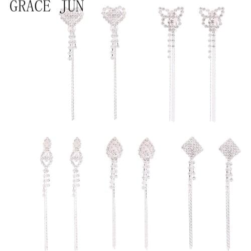 GRACE JUN Fashion Jewelry Rhinestone Earrings Cute Clip on Earrings Non Piercing Earrings for Women Girl Long Tassel Ear Clip