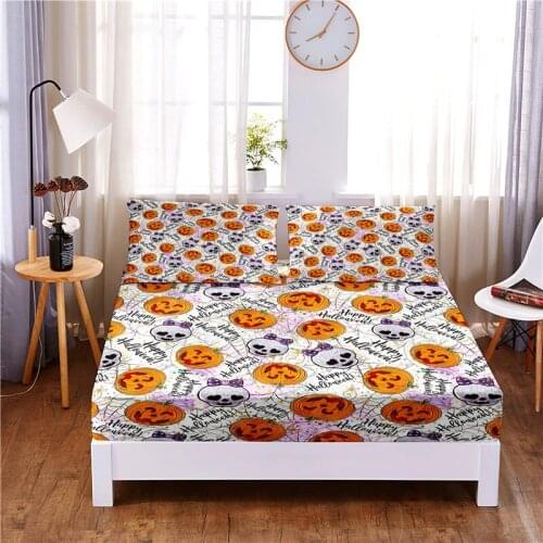 Halloween Digital Printed 3pc Polyester Fitted Sheet Mattress Cover Four Corners with Elastic Band Bed Sheet Pillowcases