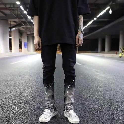 Idopy Fashion Slim Fit Pants Painted Hip Hop Black Stretchy HighStreet Night Club Gothic Ankle Zipper Jeans Trouser For Men