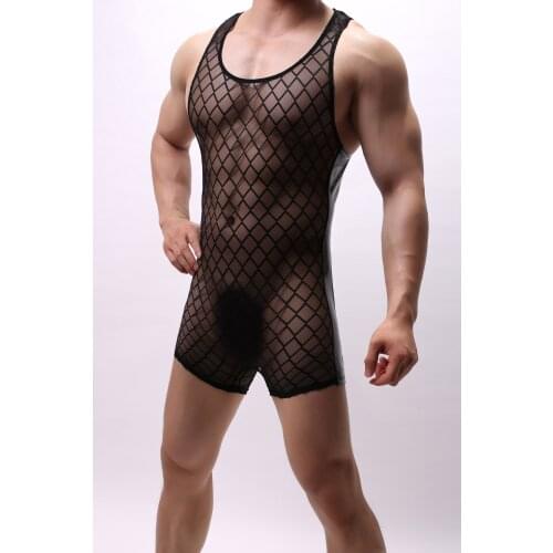 Jumpsuit For Men Onesie Pajamas Mesh Body Building Wrestling Costumes Plaid Singlet Leotard See Through Fitness Sleepwear