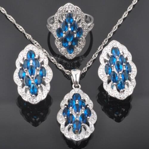 FAHOYO Unique Blue Zirconia Womens Silver Color Jewelry Sets Earrings/Pendant/Necklace/Rings QZ0505