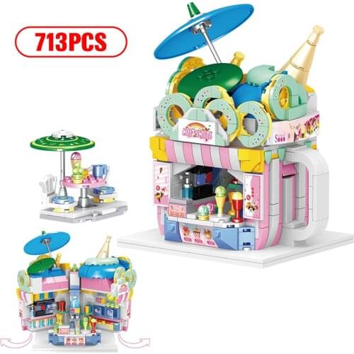 City Friends Street View Coffee Shop Mini Bricks Creator Sushi Bar Architectures Ice Cream House Building Blocks Toys For Kids