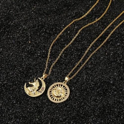 Minar Exaggeration 2 Designs Metal Moon Sun Pendant Necklace for Women Girls Copper Alloy Thin Chain Necklace Punk Accessories