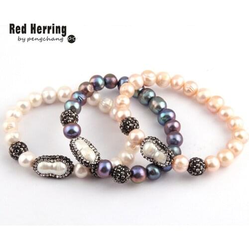 Free Shipping Fashion Potato Pearl Handmake Paved Freshwater Pearl Strand Bracelet