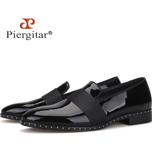 Piergitar handmade black patent leather mens loafers luxury brand party and wedding men dress shoes mens flats plus size
