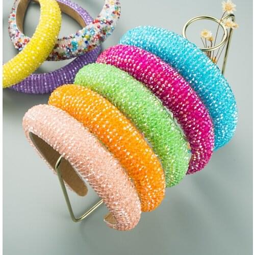 2021 Spring New European American Rhinestone Headband Women Handmade Crystal Sponge Wide-sided Hairband Colorful Hair Accessory