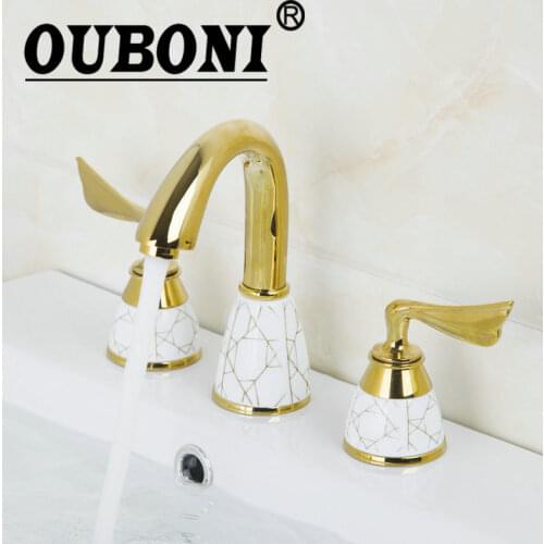 OUBONI Luxury Golden 3 Pieces Double Handles Deck Mounted Bathroom Bathtub Torneira Basin Sink Brass Faucet Mixer Taps
