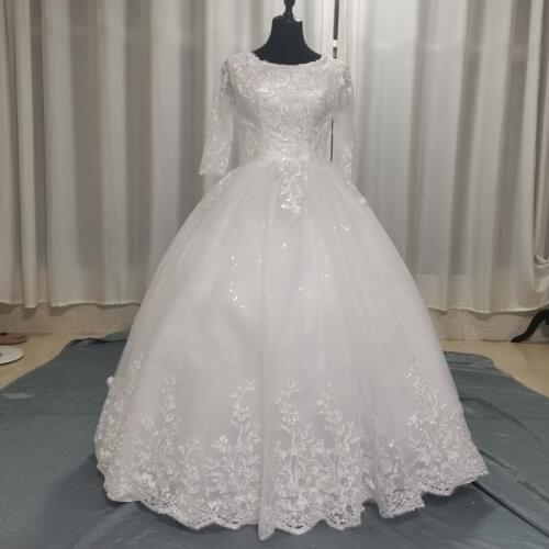 Real Video Opaque Muslim O-Neck Sweet Wedding Dress With Sleeves Long Lace Embroidery Train Custom Plus Size Vestido De Noiva
