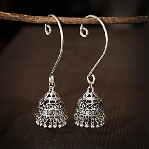 Retro Silver Color Carved Long Drop Indian Earring 2020 Boho Ethnic Bell Tassel Dangling Earrings For Women Gypsy Jhumka Jewelry