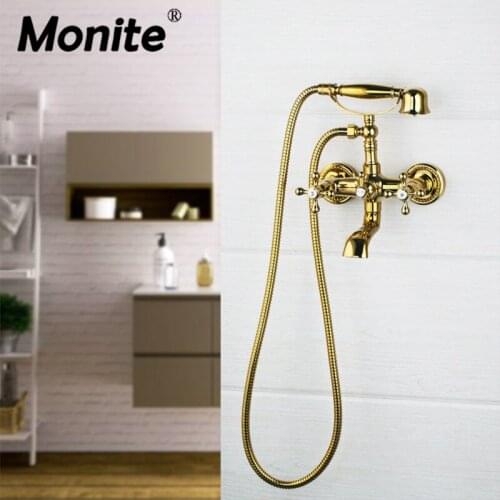Monite Luxury Gold Plated Wall Mounted Dual Handles Polished Shower Bathroom Basin Sink Bathtub Torneira Tap Mixer Faucet