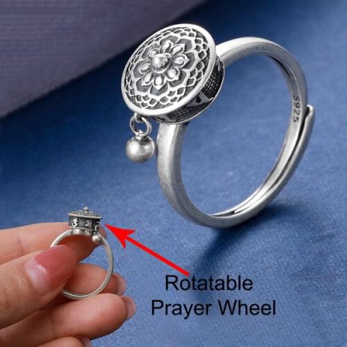 Silver Rotating Rings for Women Buddhist Tibetan Prayer Wheel Ring OM Mantra Finger Ring Good Luck Lady Bands