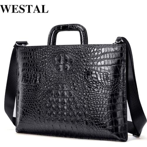 WESTAL mens shoulder bag for men genuine leather laptop bag mens crossbody handbag vintage luxury brand crocodile pattern 9099