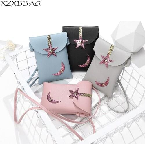 XZXBBAG PU Leather Women Shoulder Bag Fashion Sequins Stars Moon Small Square Package Mini Cell Phone Pouch Girls Messenger Bag