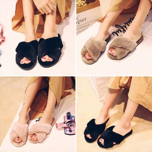 2021 Winter Women House Slippers Faux Fur Fashion Warm Shoes Woman Slip On Flats Female Slides Black Cozy Home Furry Slippers