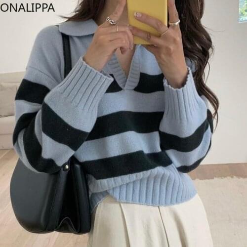 ONALIPPA College Style Sweater 2021 Autumn Korean Simple Versatile Lapel Loose Contrast Stripes Casual Long-Sleeved Pullover