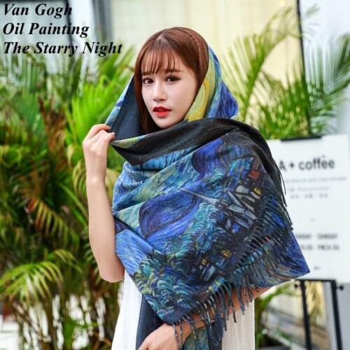 Women Winter Cashmere Scarf Digital Print Designer Pashmina Shawl Van Gogh Oil Painting Starry Night Blanket Scarfs Plus Size