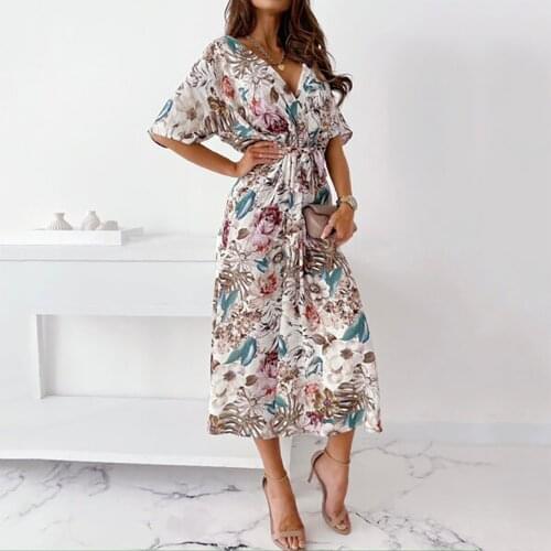 WomenS Floral V-Neck Summer Long Dresses Printed Waist Belted Large Boho Beach Swing Streetwear Short Sleeve Woman Maxi Dress