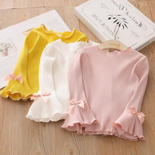 2021 Spring Autumn 2 3 4-10 Years ChildrenS Sweet Long Sleeve Tees Top Flared Sleeves Bowknot Basic T-Shirt For Kids Baby Girls