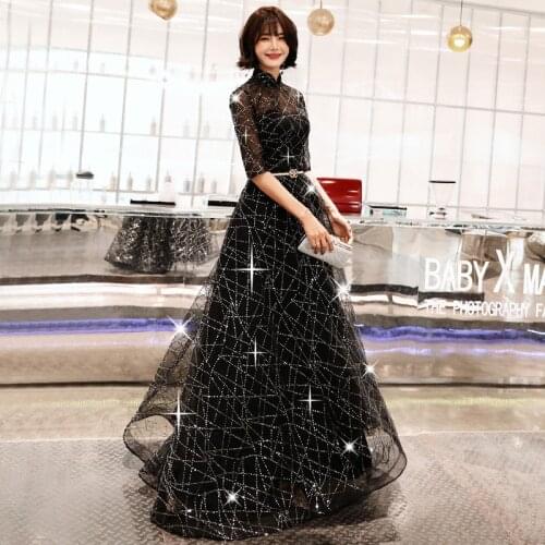 Black long evening dress for student performance art exam solo host adult piano award evening dress female prom dress A100