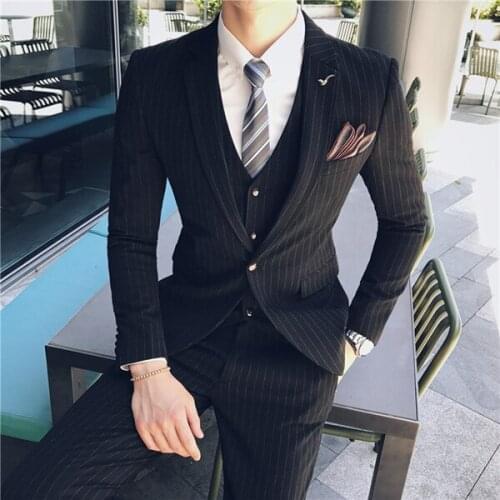 Black Mens Suit Stripe Casual Business Suit Social Formal Suit Jacket Vest Pants 3 Pieces Set Groom Wedding Tuxedo Costume