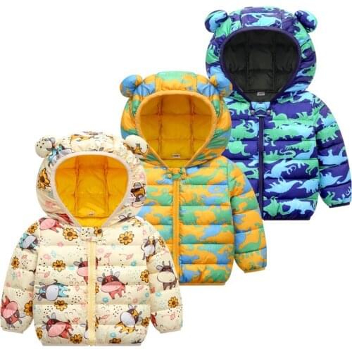 Childrens Down Padded Jackets Baby Boys And Girls New Short Cartoon Dinosaur Hooded Coat Winter Thicken Parkas Warm Outwear