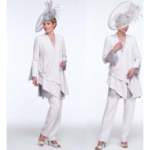 Elegant Mother Of The Bride Three Piece Suit Mother Of The Bridegroom Lace Long Sleeve With Chiffon Coat Wedding Guest Dress