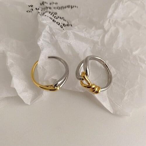 HUANZHI 2021 New Vintage Metal Splicing Golden Silver Color Contrast Curve Cross Twist Opening Adjustable Ring for Women Jewelry