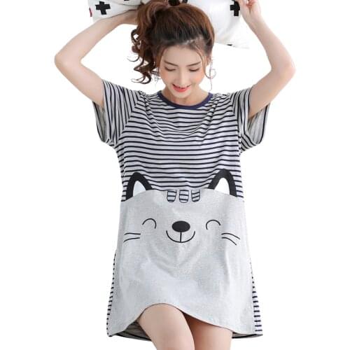 Summer Knitted Cotton Women Nightgown Short Sleeve Cartoon Sweet Soft Female Nightdress Loose Plus Size M-5XL Girls Nightwear