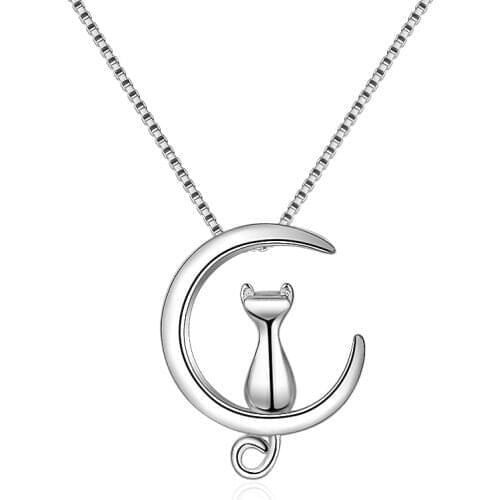 Fashion Cute Animal Cat Moon Pendant Necklace Charm White Gold Color Box Chain Necklace Chokers Jewelry for Women Girls