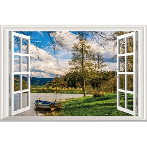 Outside the fake window lakeside landscape 3d vinyl wall art mural stickers home decoration Autumn scenery wallpaper 60*40cm