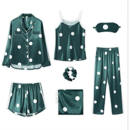 New polka dot simulation silk pajamas womens summer seven-piece silk suspender shorts long-sleeved cardigan trousers home servi