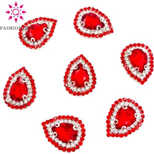 New 10X14mm Red DR shape sew on rhinestones Color chain+Color rhinestones faltback Glass Crystal Buckle DIY clothing accessories