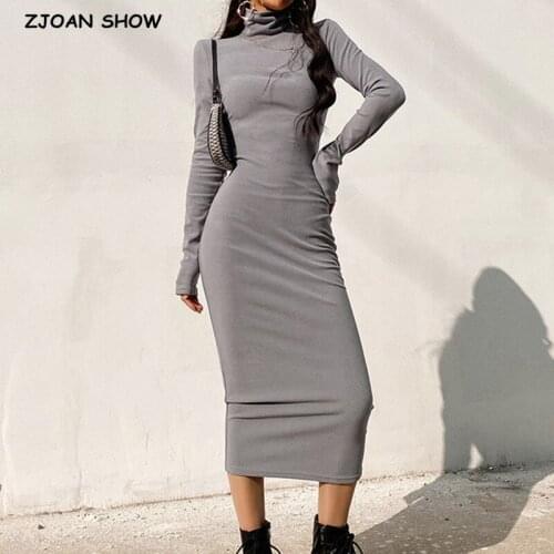 2021 Autumn Turtleneck Long Sleeve Midi Dress Vintage Slim Package hips Bodycon Women Dresses Casual Fashion
