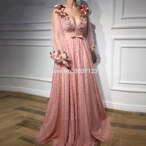 Pink Full Beads Long Evening Dresses Lace Appliques 3D Flowers V-Neckline Full Sleeves Floor Length Evening Formal Party Gowns