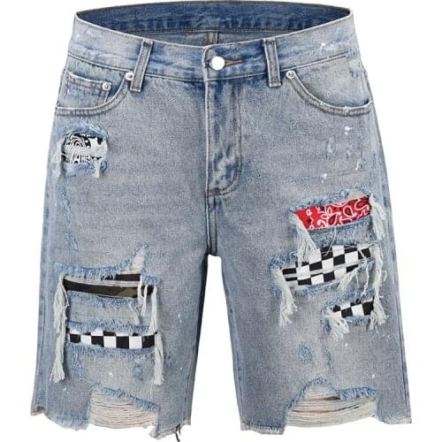 Blue Black Patch Work Denim Ripped Shorts Pants Jeans Vintage Mens Short Trouser
