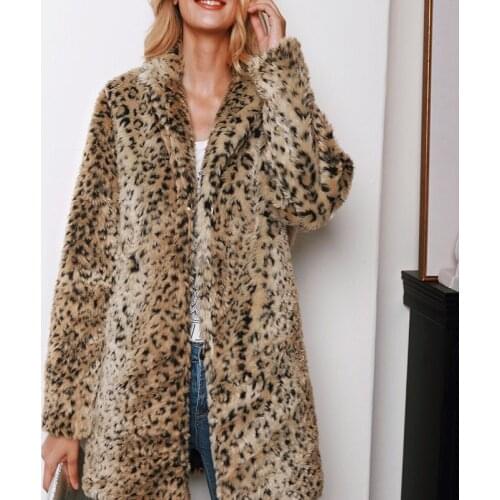 Thick Warm Winter Faux Fur Coat And Jackets Women Leopard Print Turn Down Collar Slim Faux Fur Jackets Ladies 2C0259